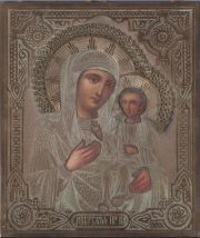 Virgen con Nino, icono Ruso, riza de bronce