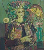 VENIER, Bruno. Mujer con sombrilla, leo sobre hardboard (61 x 70 cm.)