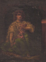 DIAZ DE LA PEA. Figura de mujer recogiendo flores, leo 32 x 23 cm, marco con deterioros