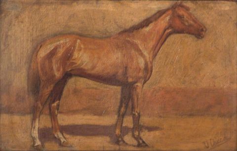 Checa y Sanz, Ulpiano. Figura de caballo, leo sobre cartn firmado U. Checa abajo a la derecha. 15 x 23 cm.