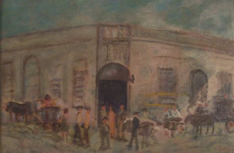 SAIACE, 'Buenos Aires de 1800' - Esquina con personajes, leo. Con libro de Federico Garca Romeu: 'Sobre la Obra de