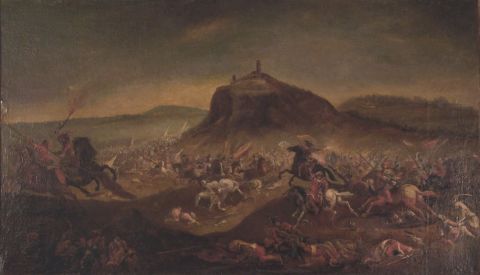 PARROCEL, Joseph. Batalla con los turcos, leo sobre tela. Mide: 1,24 x 0,72 cm. (Saltaduras en la tela)