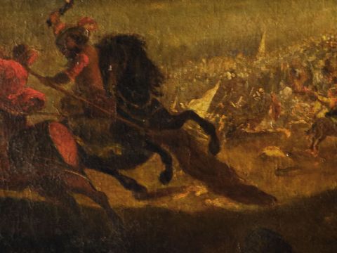PARROCEL, Joseph. Atribuido, Batalla con los turcos, leo sobre tela. Mide: 1,24 x 0,72 cm. (Saltaduras en la tela)