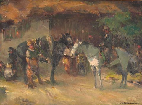 RIPAMONTE, Carlos. Personajes con caballos, leo sobre tela, firmado. 55, 5 x 40