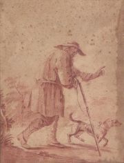 Dibujo a la sangunea; Pastor y su perro (manchas de humedad)