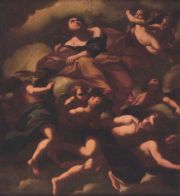 ANONIMO. Santa en los cielos rodeada por putinos, leo sobre tela reentelado. 075 x 070