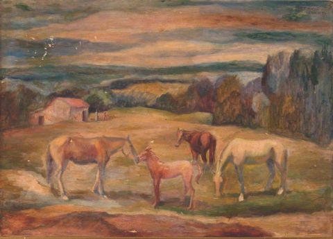 FIORAVANTI, Octavio. Paisaje con caballos y rancho, leo. 50 x 70 cm.