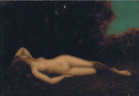 HENNER, J.J. Desnudo femenino recostado sobre paisaje, leo sobre tela firmado. 054 x 037