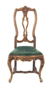 Tres sillas italianas de patina dorada, tapizado con averas