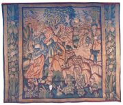 Tapicera antigua representando escena con personajes. Guarda perimetral con motivos vegetales, faltantes. (288 x 243)