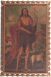 SAN JUAN BAUTISTA, leo sobre tela con marco de madera tallada y dorada. (489)