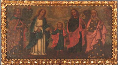 LA VIRGEN, SAN JOSE Y EL NIO, leo sobre tela con marco de madera tallada. (rectangular, chico) (485)