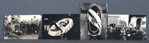 Juan Domingo Pern. Dos afiches referidos a su vuelta a la Argentina y cuatro fotografias referentes a su muerte.