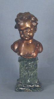 Clodion. Cabeza de Nio, escultura de bronce, base de mrmol