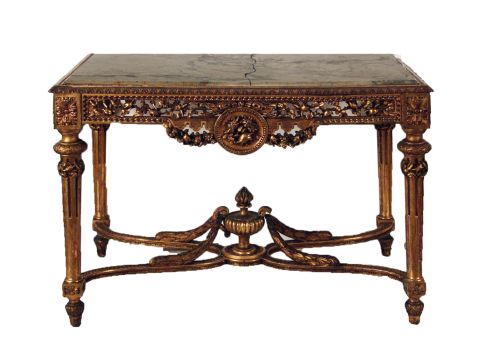 Mesa de centro estilo Luis XVI, dorada averas.