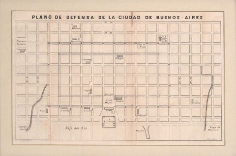 PLANO DE DEFENSA DE LA CIUDAD DE BUENOS AIRES, litografa enmarcada.