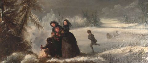 KRUSEMAN, Frederick. Paisaje nevado con personajes, leo sobre tela, firmado Kruseman y fechado 1868. 55 x 121 cm.