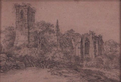 Castillo con personajes, dibujo al lpiz. Primera mitad Siglo XIX.