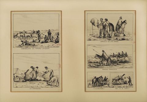 Litografas soldados e indios, ao 1881, 2 en un marco