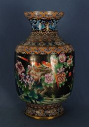Gran Vaso cloissone, japons, fondo azul con aves y flores