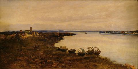 GIGNOUS, Paisaje de lago con barcas en la costa, leo.