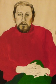 SANTANDER, Cristina. Figura con sweater rojo, Tcnica mixta 1974. Dedicado. Mide: 98 x 68 cm