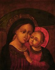 Madonna con Bambino, leo sobre tela reentelado, Escuela Italiana. 40 x 30 cm.