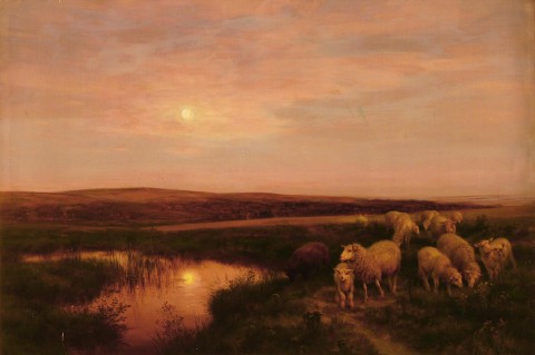 Davis, La Luna esta alta, Paisaje con ovejas, leo sobre tela fdo. HWB Davis. R. A. 69 x 104 cm.