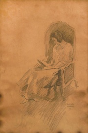 Rodolfo Franco, La Lectura, dibujo al lpiz firmado en 1939. Mide: 35 x 24 cm. Margen con manchas . -100-