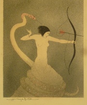 Mujer Amazona con serpiente y Mujer con ave. Dos grabados -12-