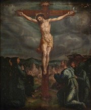 Cristo en la cruz, leo sobre tabla. Esc. Valenciana - Espaa 1500 - 1550 Peq. restauraciones.