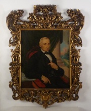 Anonimo, Retrato de Personaje masculino trajeado sentado sobre silln rojo, marco dorado..
