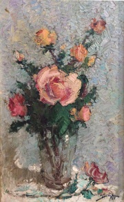 FILIP, Demetrio, Vaso con rosas, leo Ao 1965 de 47 x 28 cm. Al dorso cachet 'Galeria Argentina'