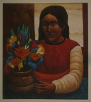 MOLLARI, Mario 'Mujer con flores', leo sobre tela. 90 x 80 cm