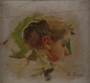 Sala, E. JOVEN DE PERFIL, boceto pintado al leo sobre cartn entelado. Firmado E.Sala. 19 x 19 cm.