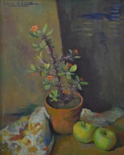 De Luca, Arturo 'Maceta con flores y fruta', leo sobre tela 50 x 43