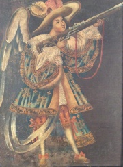 Angel Arcabucero apuntando en alto, leo sobre tela.