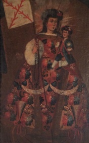 Virgen con donante, leo sobre tela, marco madera tallado. Mide: 65 x 45 cm.