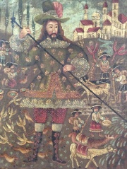 San Isidro y paisaje con figuras y vicuas, leo sobre tela ( Pintura Popular, copia mas moderna).