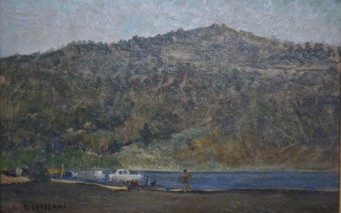 Ortolani, Dante, Personajes junto al Lago, leo. Mide: 35 x 42 cm.