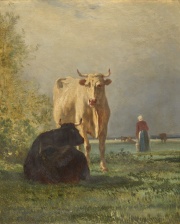 Troyon, Vacas, leo Sobre tabla 50 x 35 cm.