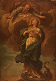Virgen con Dios Padre. leo pequeo sobre cobre. 22 x 15,5 cm. Desperfectos.