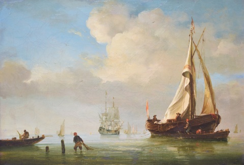 Annimo. Escuela Holandesa. Pescadores con embarcaciones, leo sobre tela. Siglo (XIX). Saltaduras-114-