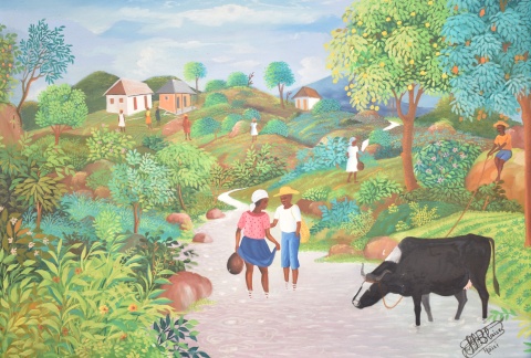 SAINT - LOUIS BLAISE -  Paisaje de Haiti con ro personajes y una vaca. Oleo de 46 x 61 cm -110-