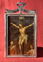 Cristo en la Cruz con nimas del Purgatorio, miniatura altoperuana al leo marco plateado.