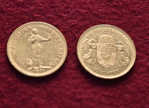 Dos monedas Hungaras de oro 10 KORONAS. Aos 1893 y 1899