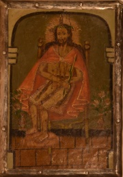 Cristo sentado con manto rojo, pintura sobre madera, Pequeo. Marco de plata colonial