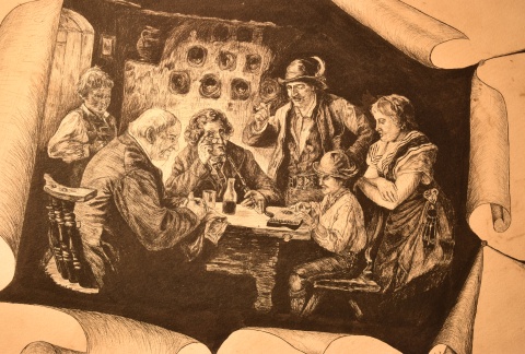 Interior con personajes junto a una mesa, firma ilegible, Oval ; y Personaje lector, circular (Dim.34 cm.) 2 grabados