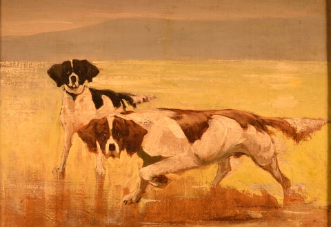 Eilert Mehl. Perros de caza, leo. 29 x 33 cm.
