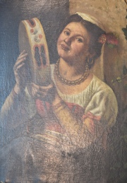 M. Esposito. Mujer Joven con Pandereta, leo sobre tela cascaduras. 73 x 60 cm.